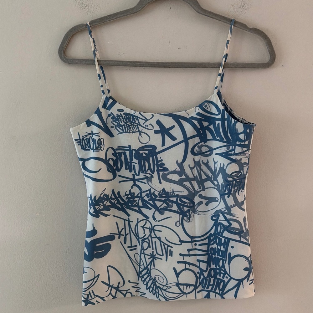 Trosman Blue White Graffiti Print Camisole Tank Top Spaghetti Strap Size 40